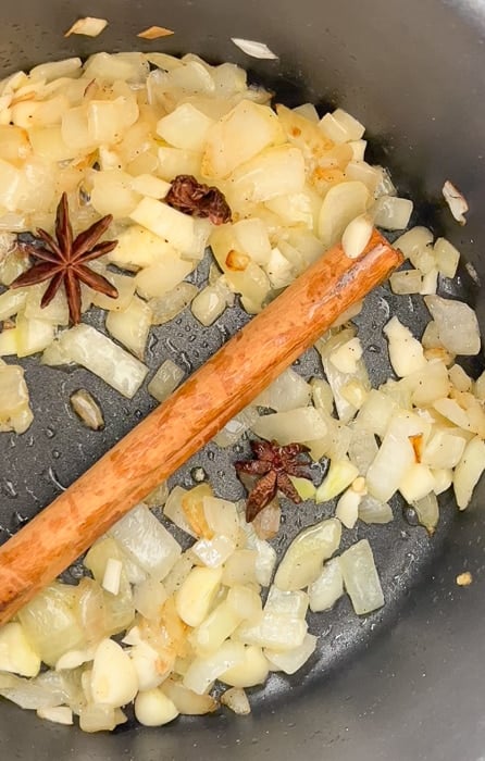 saute cinnamon stick, star anise, onion and garlic