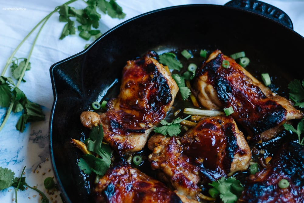 chicken char siu in a skillet