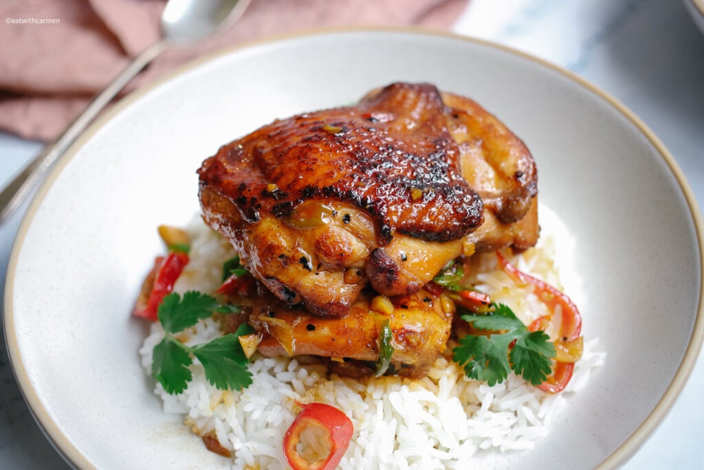 caramel chicken on a bed of rice