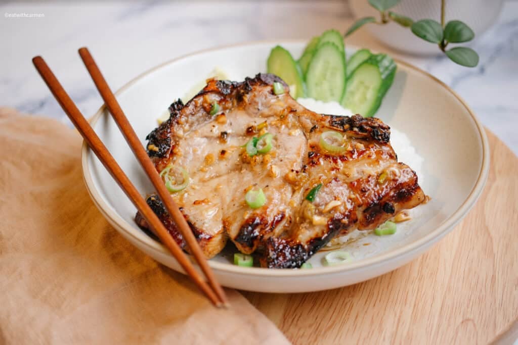 Asian air fryer bone in pork chops with cucumber and rice