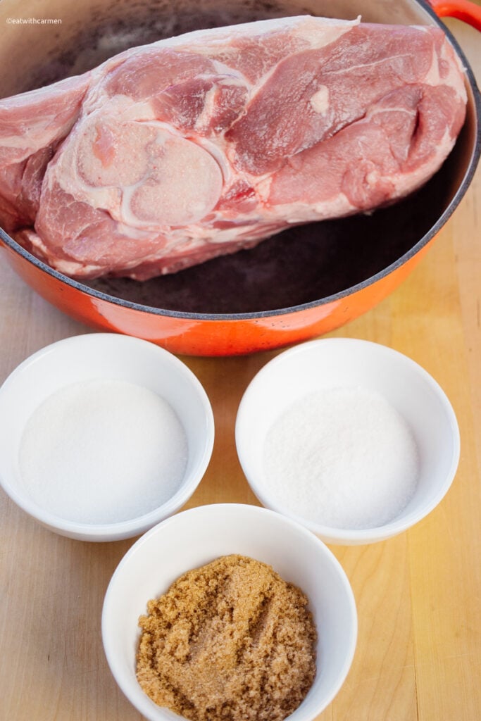 ingredients for pork roast. white sugar, salt and brown sugar