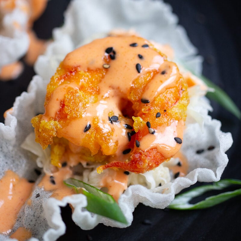 rice paper chips with spicy shrimp topping, football game recipes