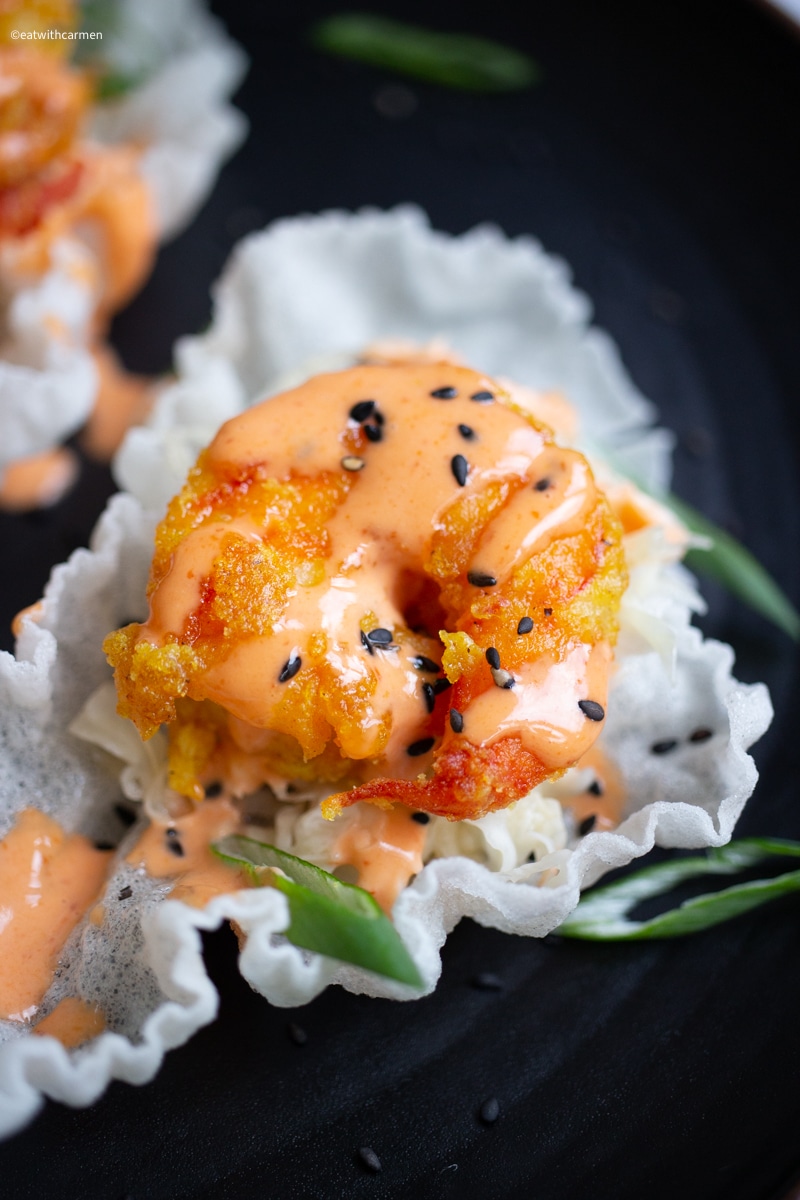 spicy shrimp with rice paper crisps