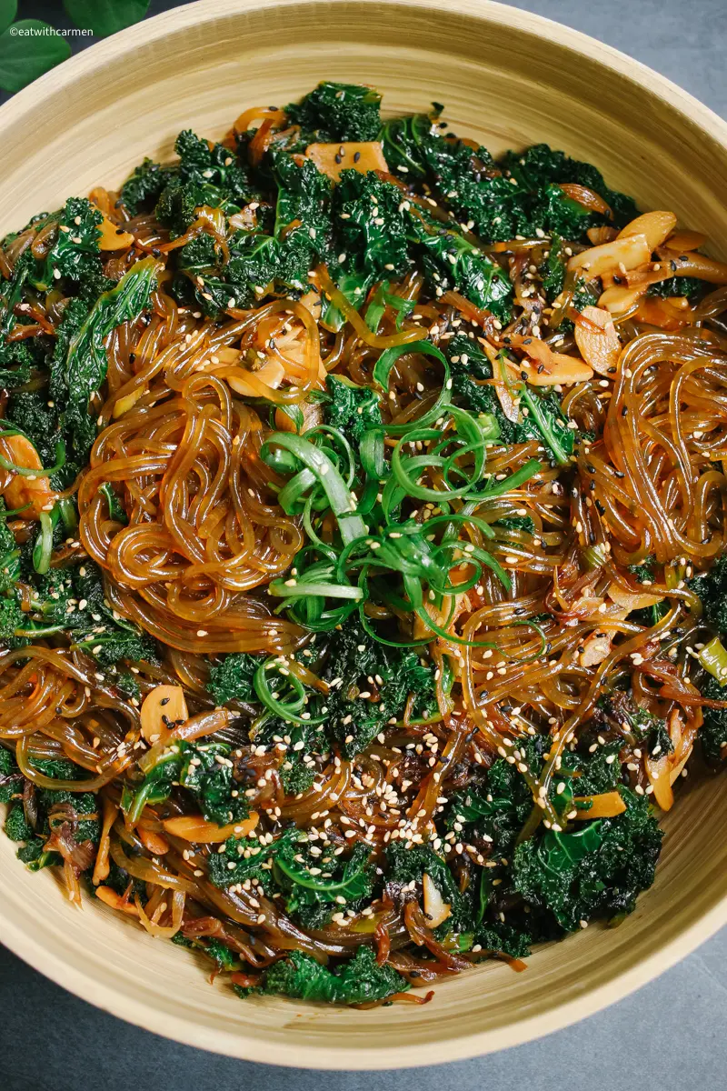 Close up image of homemade sweet potato noodles in bowl