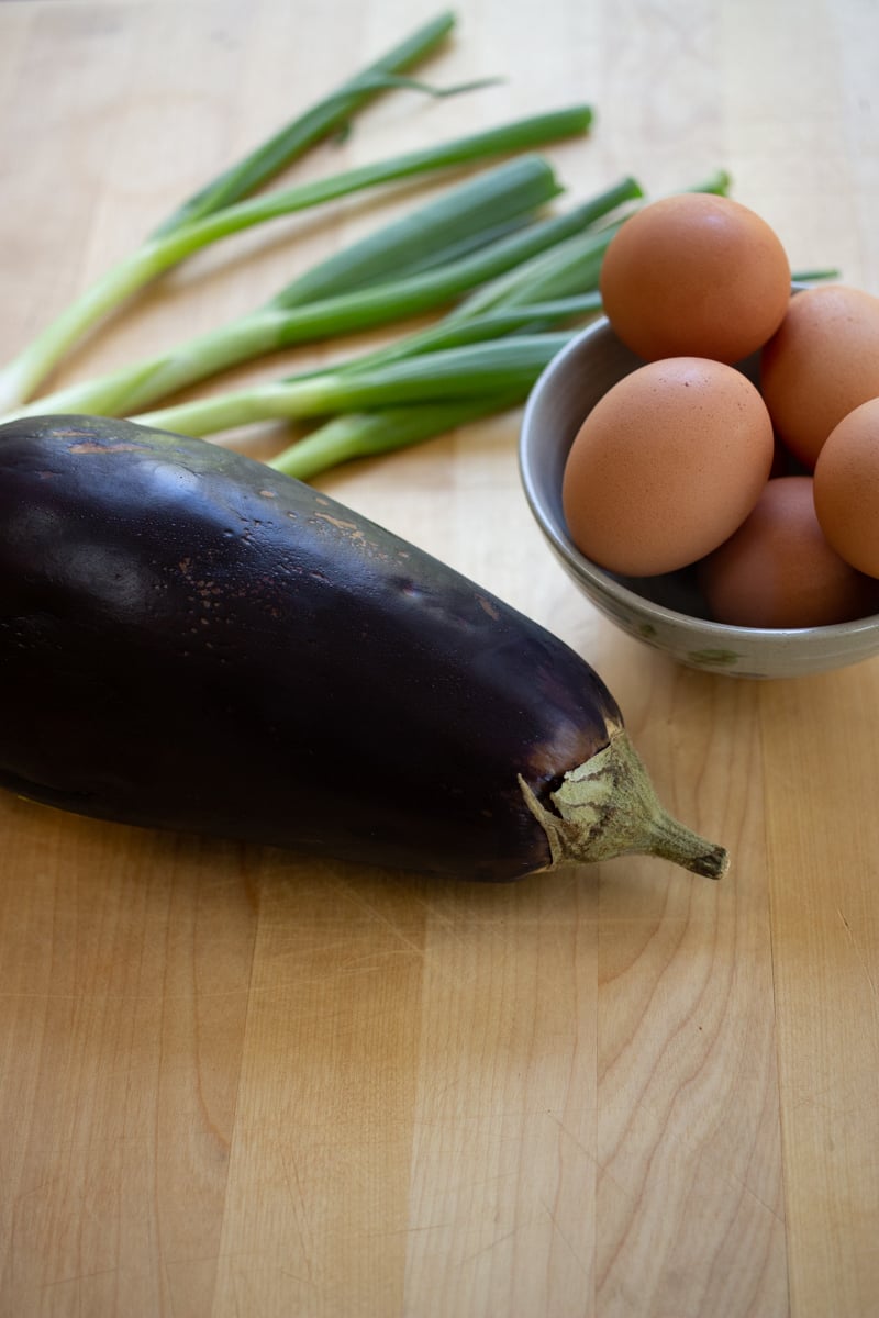 what you need to make tortang talong. Eggplant, eggs, and soy sauce. 