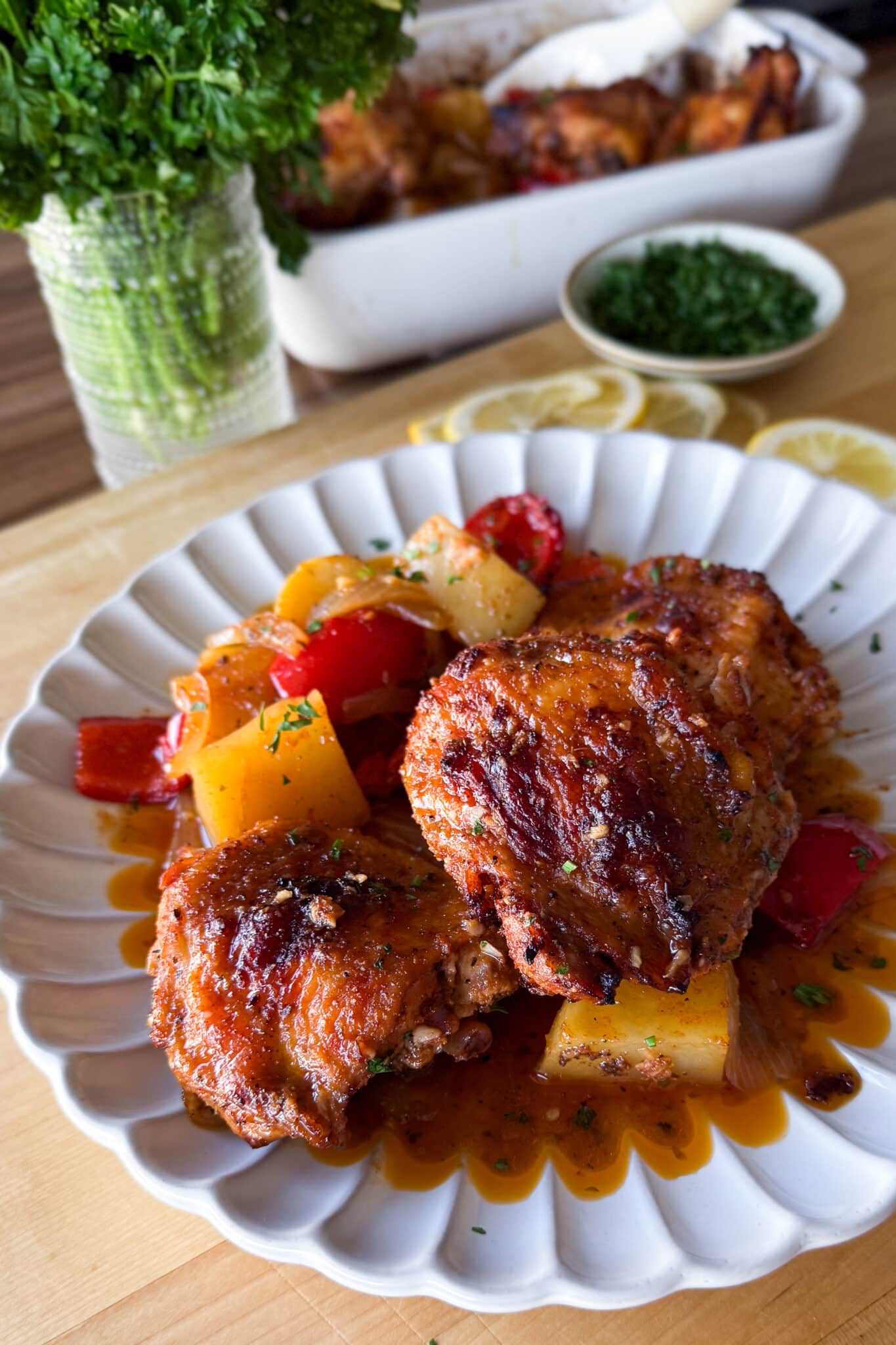 Baked chicken thighs and potatoes