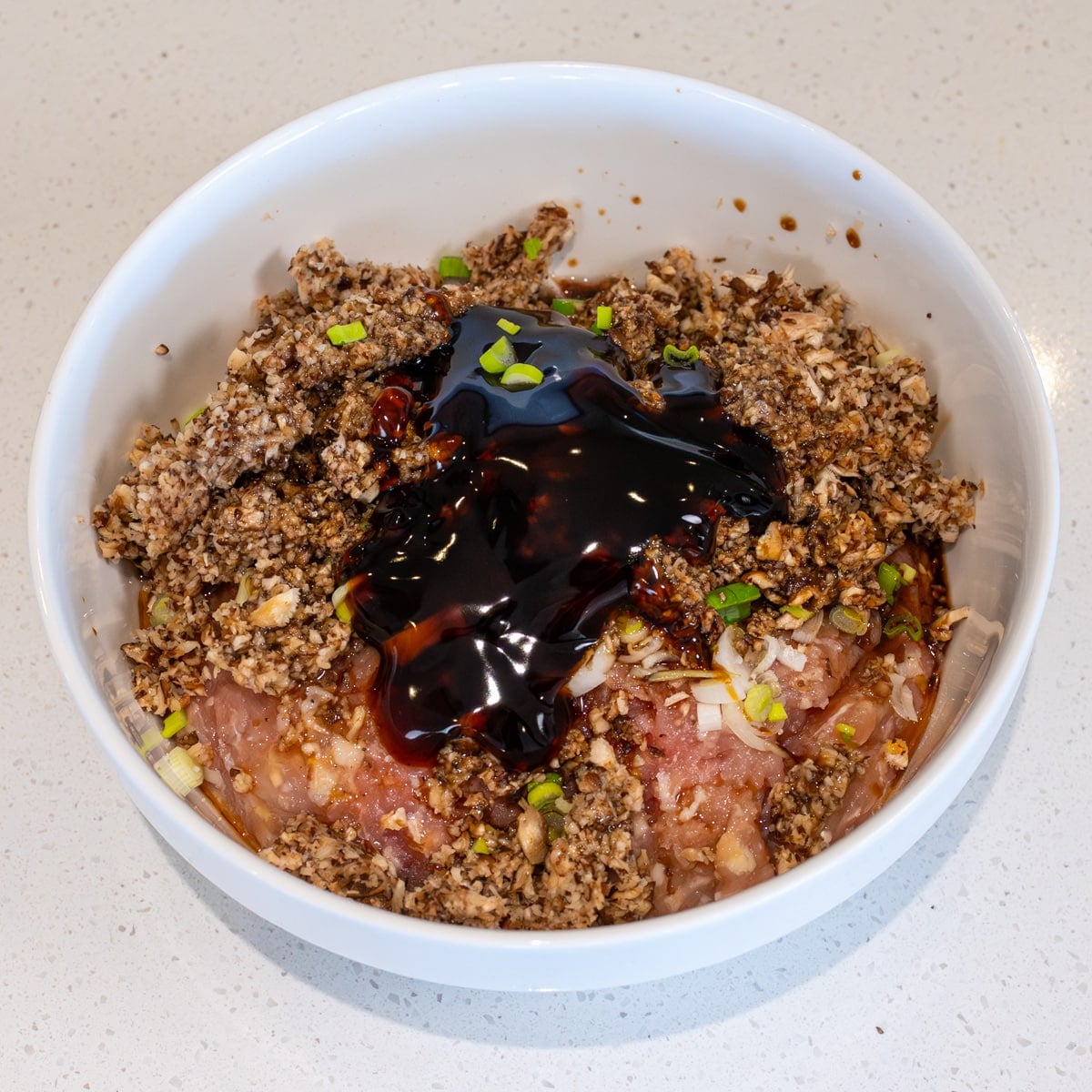 oyster and soy sauce added to chicken and shiitake mushroom crispy no fold dumpling filling