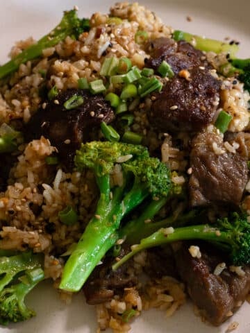 Beef and broccoli fried rice with tender beef strips, broccoli florets, green onions, and sesame seeds on a white plate