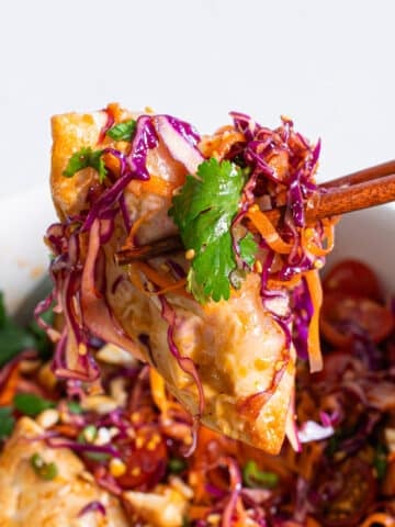Close-up of a crispy dumpling lifted with chopsticks, topped with shredded purple cabbage, cilantro, and honey soy dressing over a bowl of dumpling salad