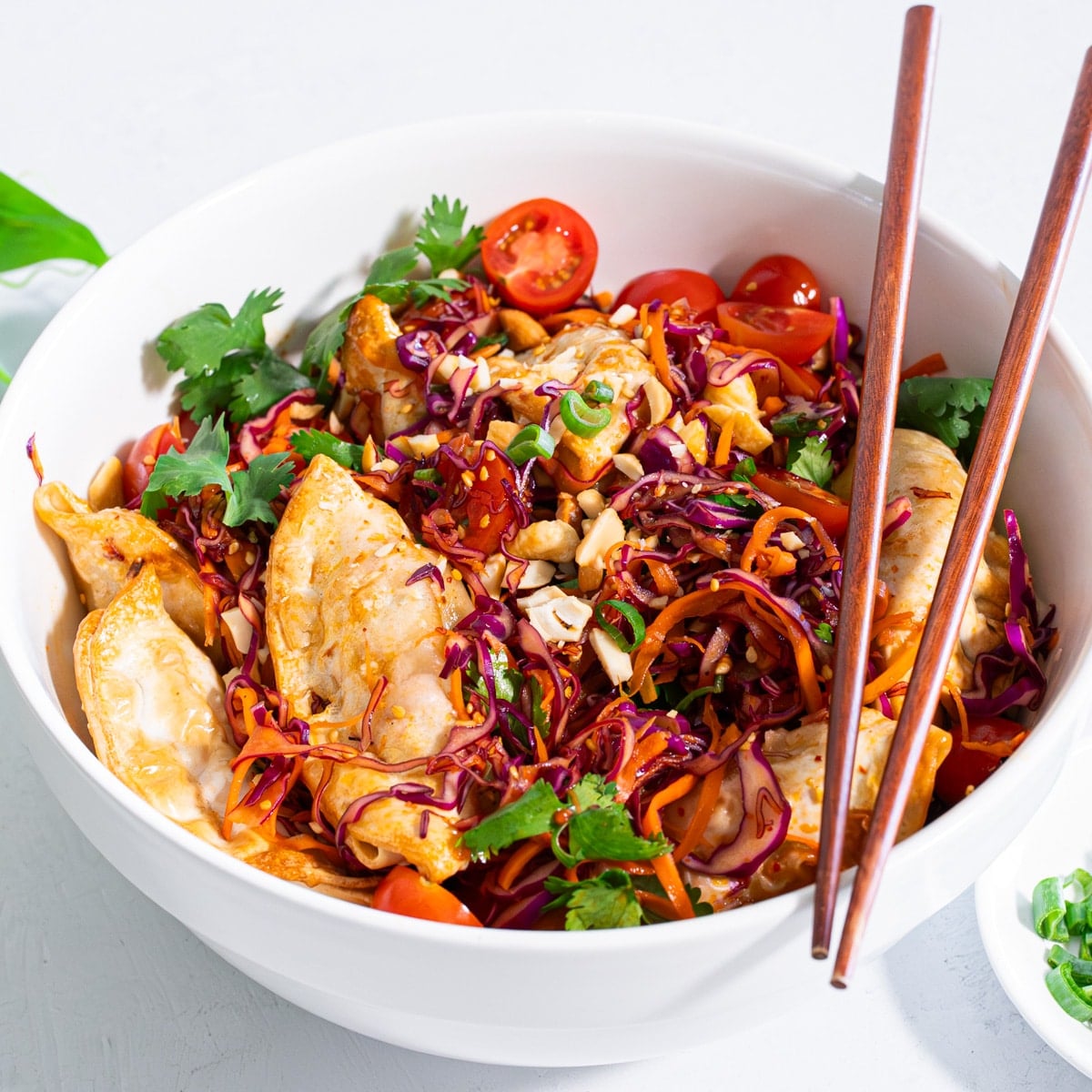 Finished dumpling salad in a white bowl with crispy dumplings, purple cabbage, carrots, cilantro, and cashews, served with chopsticks