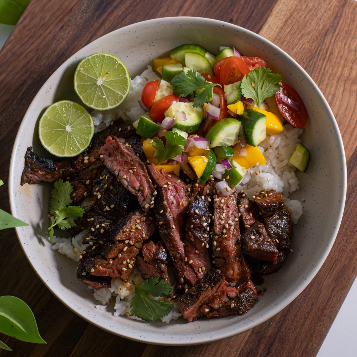 Asian marinated skirt steak served over steamed rice with fresh salsa, cucumber, mango, lime, and cilantro in a bowl