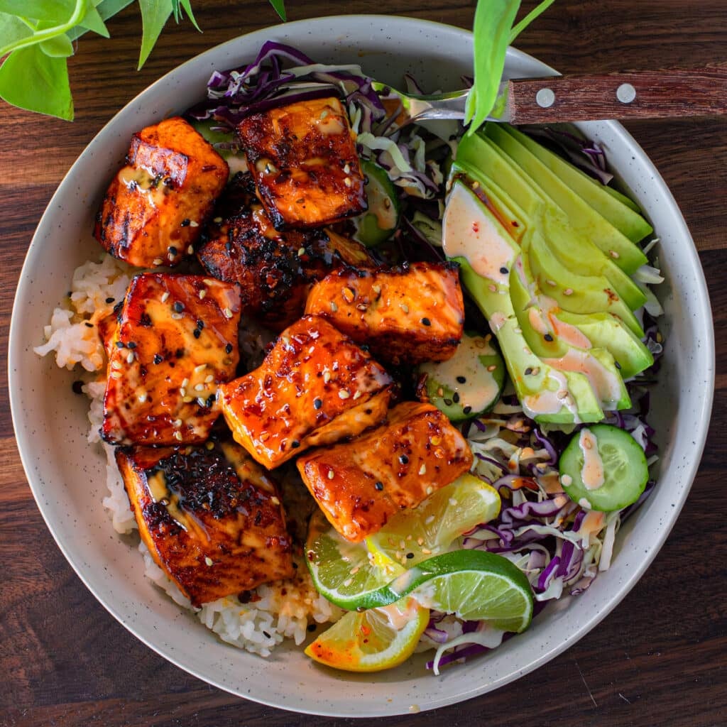 chili crisp salmon rice bowls